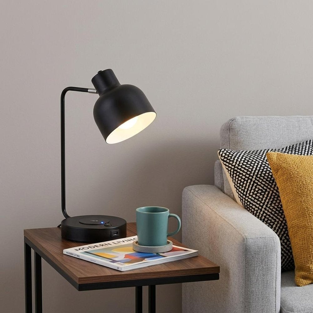 15" Black Metal Desk USB Table Lamp With Black Shade