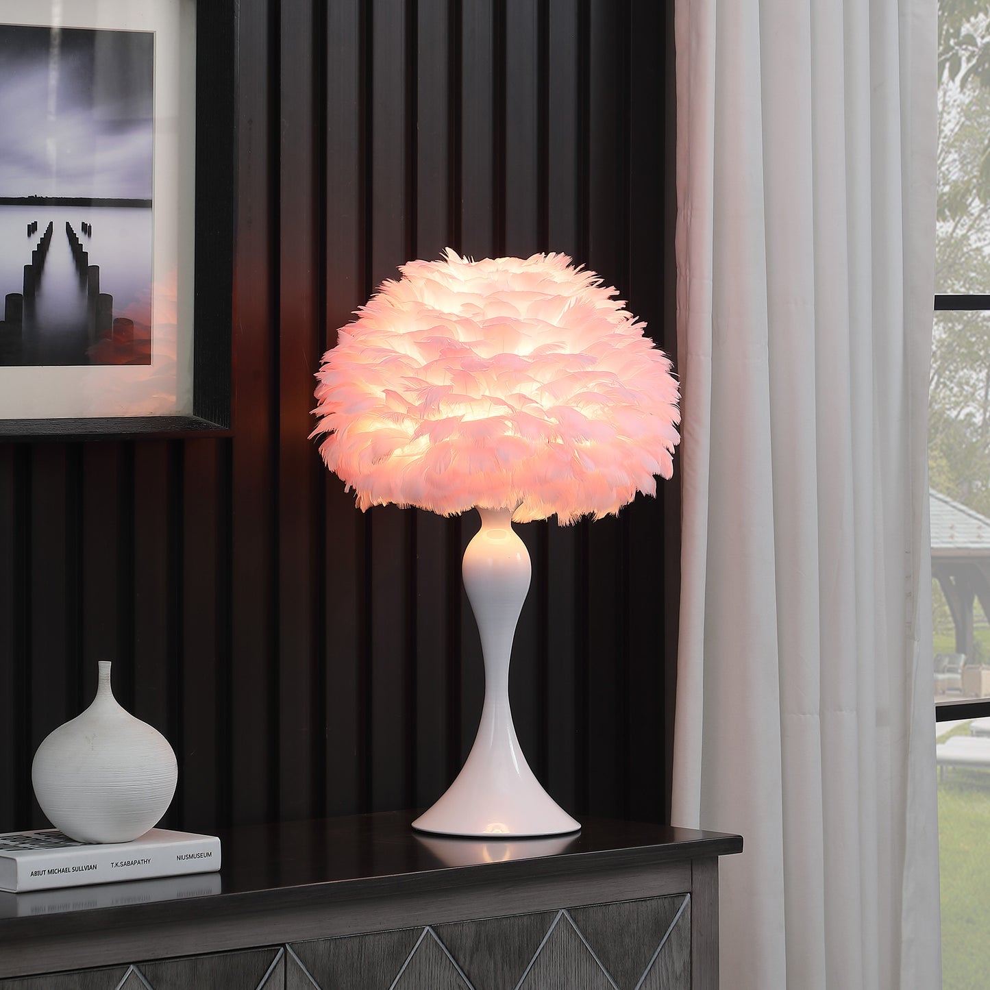 24" Glam Pink Faux Feather and White Metal Table Lamp