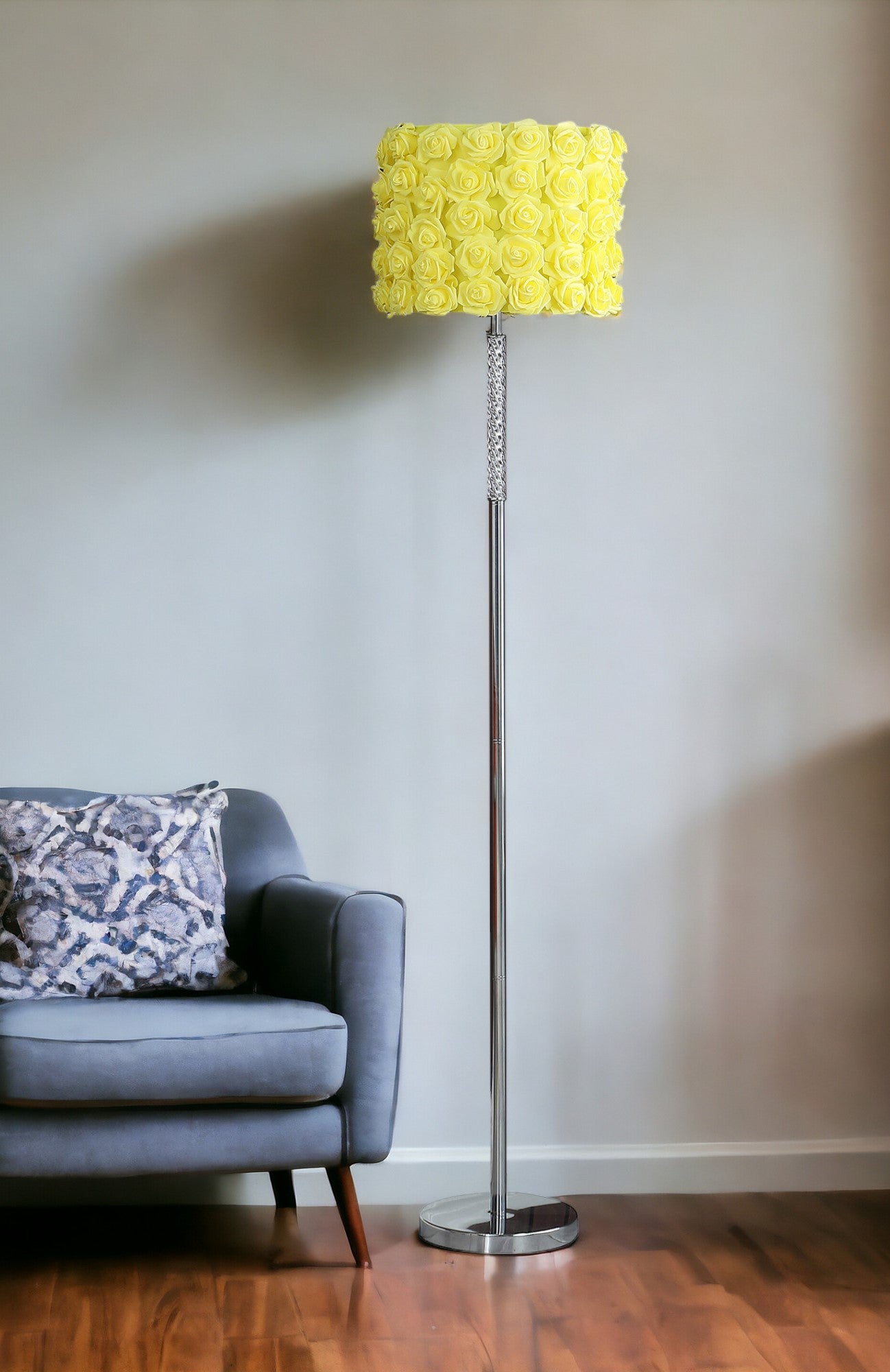 63" Steel and Acrylic Floor Lamp With Yellow Flowers Fabric Drum Shade