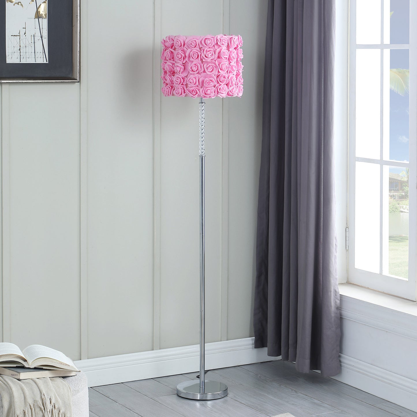 63" Steel and Acrylic Floor Lamp With Pink Flowers Fabric Drum Shade