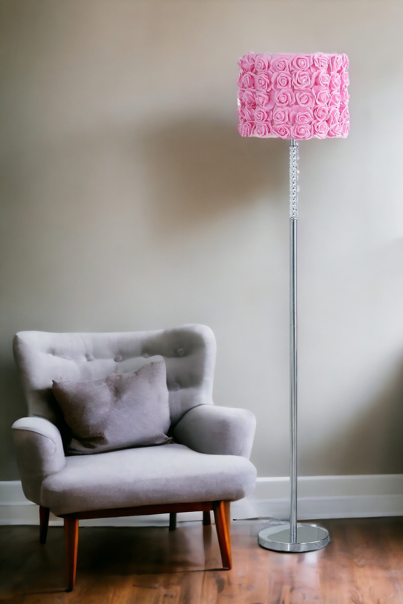 63" Steel and Acrylic Floor Lamp With Pink Flowers Fabric Drum Shade