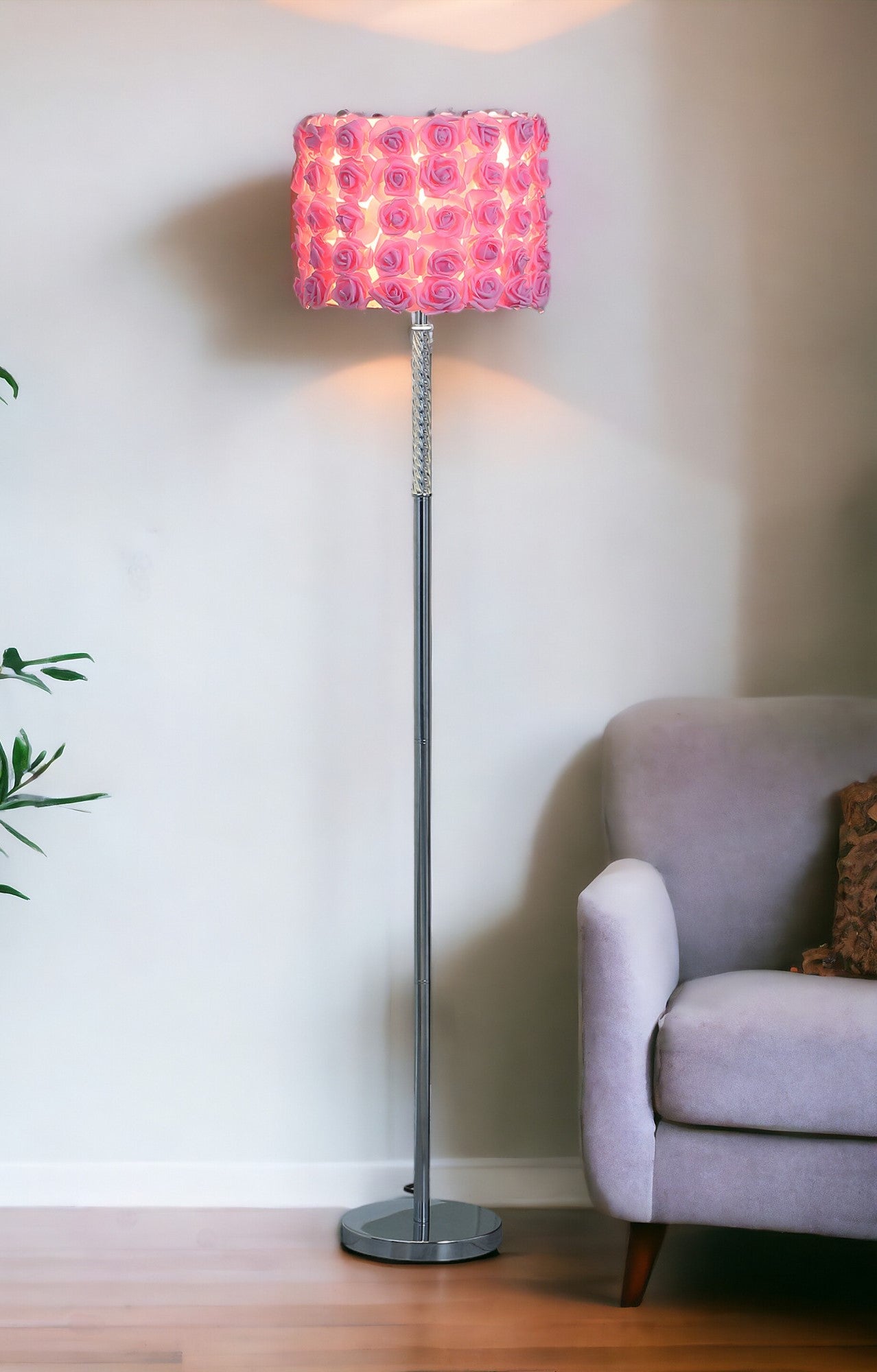 63" Steel and Acrylic Floor Lamp With Pink Flowers Fabric Drum Shade