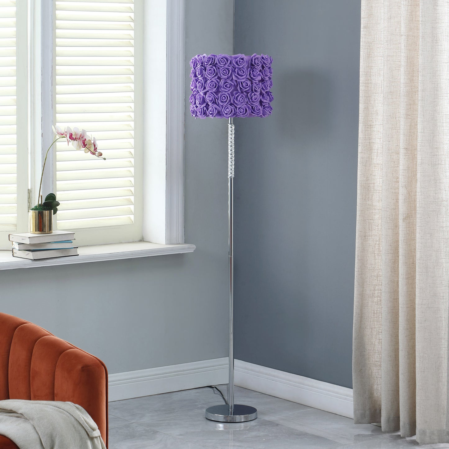 63" Steel and Acrylic Floor Lamp With Purple Flowers Fabric Drum Shade