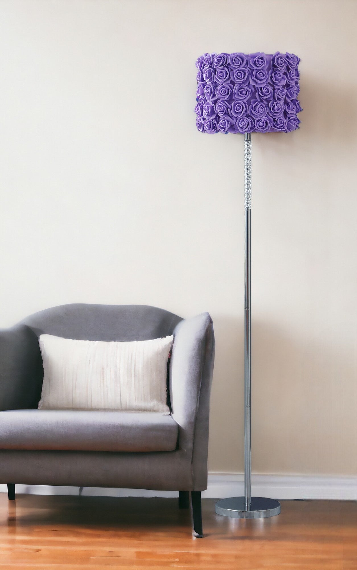 63" Steel and Acrylic Floor Lamp With Purple Flowers Fabric Drum Shade