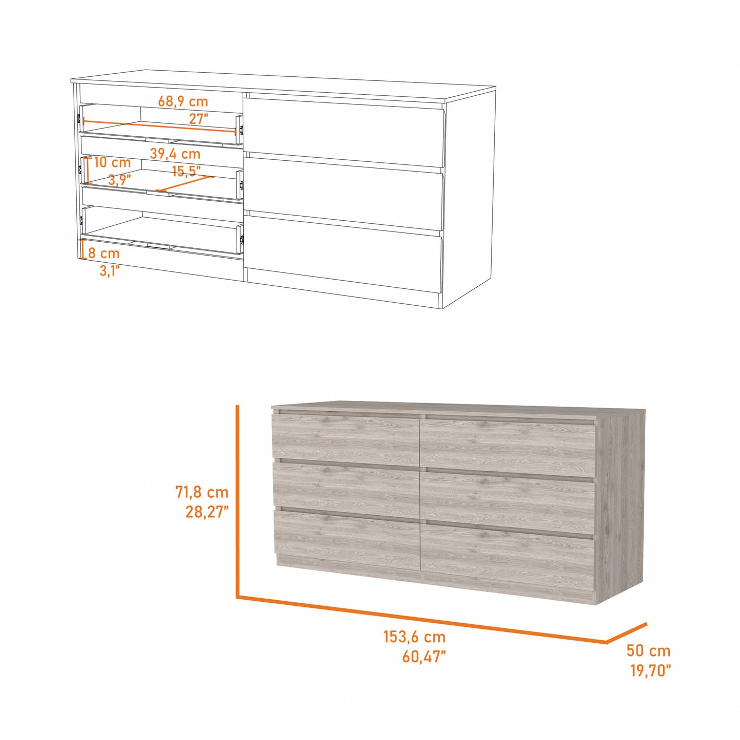 60" Light Grey Manufactured Wood Four Drawer Double Dresser