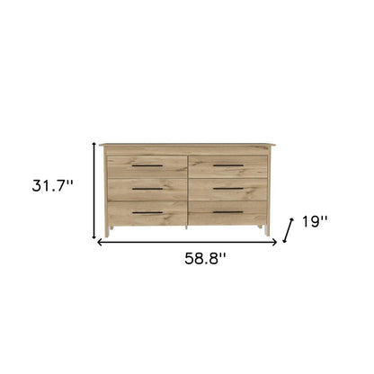 59" Natural and Black Six Drawer Double Dresser