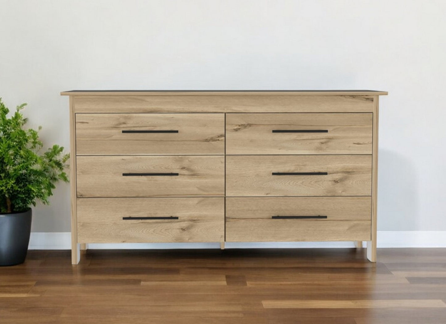 59" Natural and Black Six Drawer Double Dresser