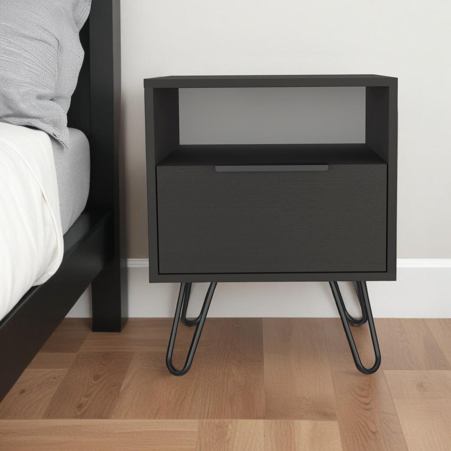 22" Black Faux Wood Nightstand With Storage