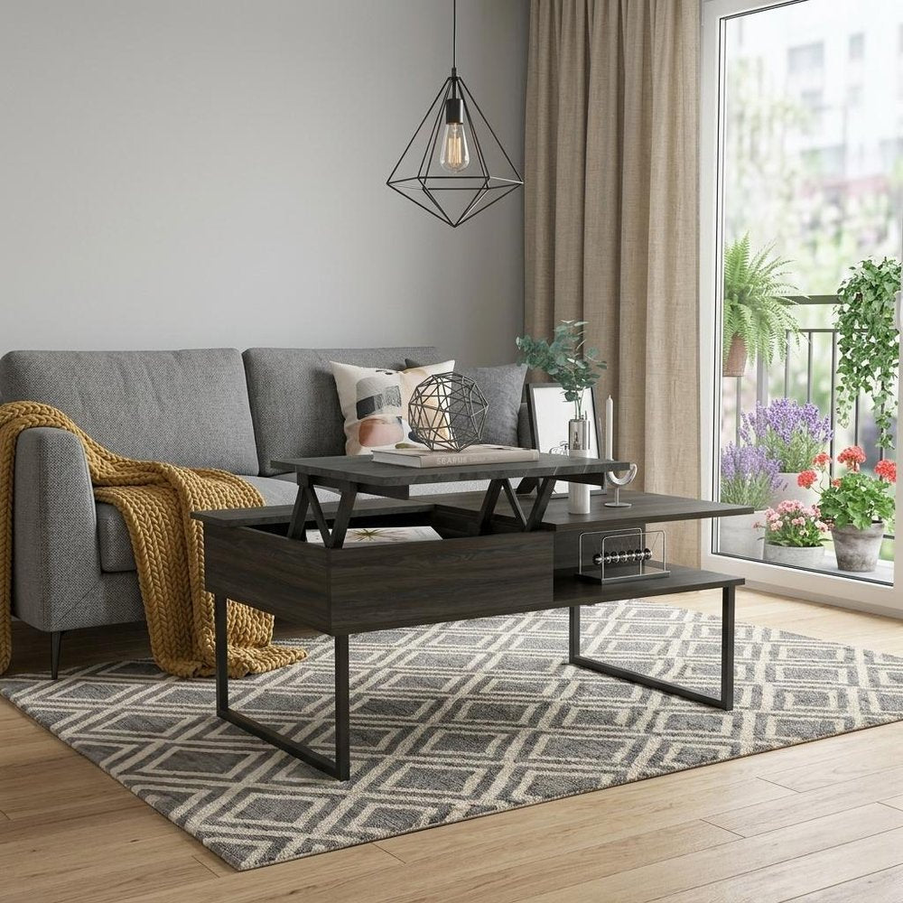 41" Gray And Onyx Metal Lift Top Coffee Table With Two Shelves