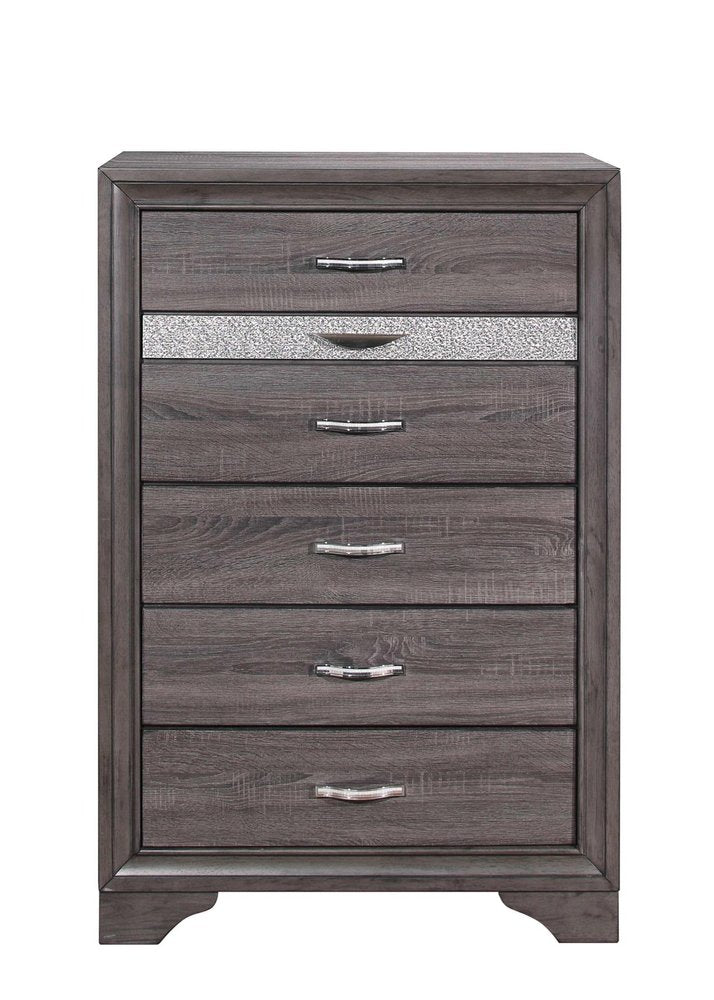 34" Gray Faux Crystal Bling Wood Six Drawer Dresser