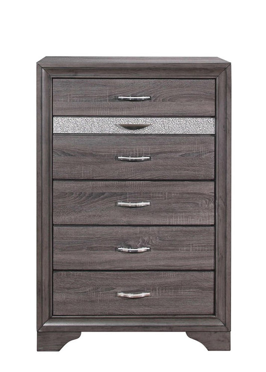 34" Gray Faux Crystal Bling Wood Six Drawer Dresser