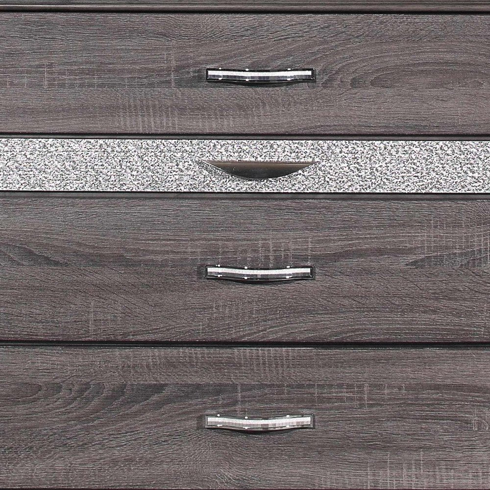 34" Gray Faux Crystal Bling Wood Six Drawer Dresser