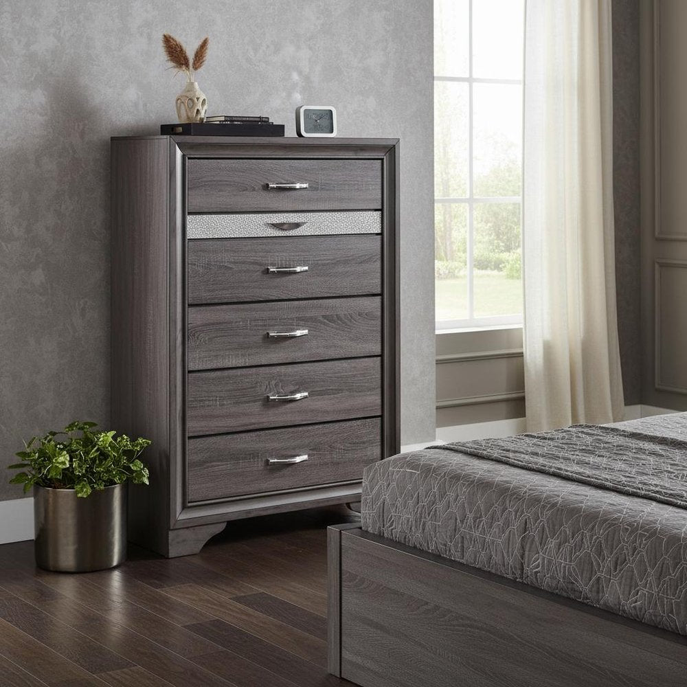 34" Gray Faux Crystal Bling Wood Six Drawer Dresser