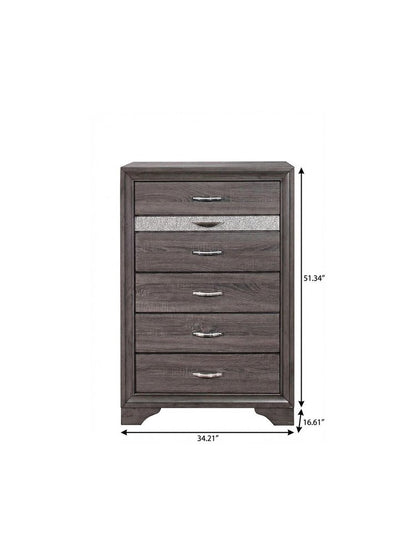 34" Gray Faux Crystal Bling Wood Six Drawer Dresser