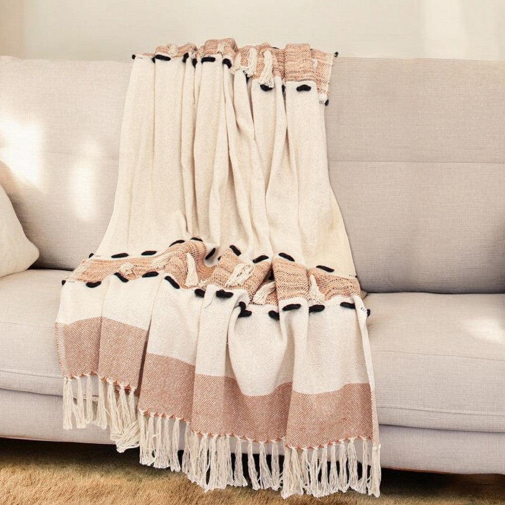 50" X 60" Brown and Ivory Woven Cotton Striped Throw Blanket with Tassels