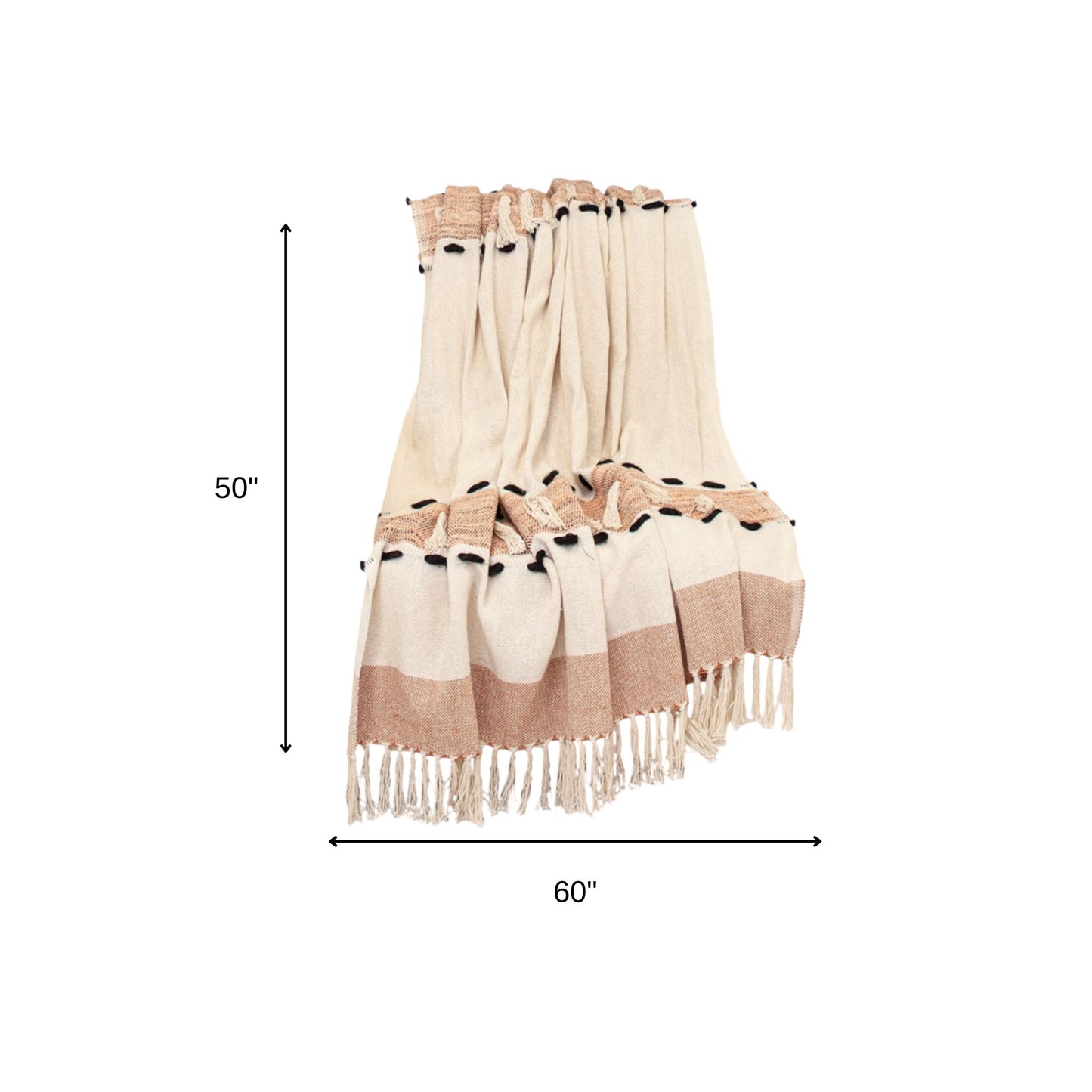 50" X 60" Brown and Ivory Woven Cotton Striped Throw Blanket with Tassels