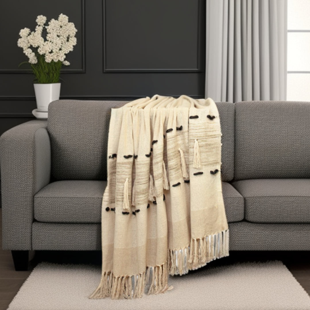 Beige Woven Cotton Abstract Throw Blanket