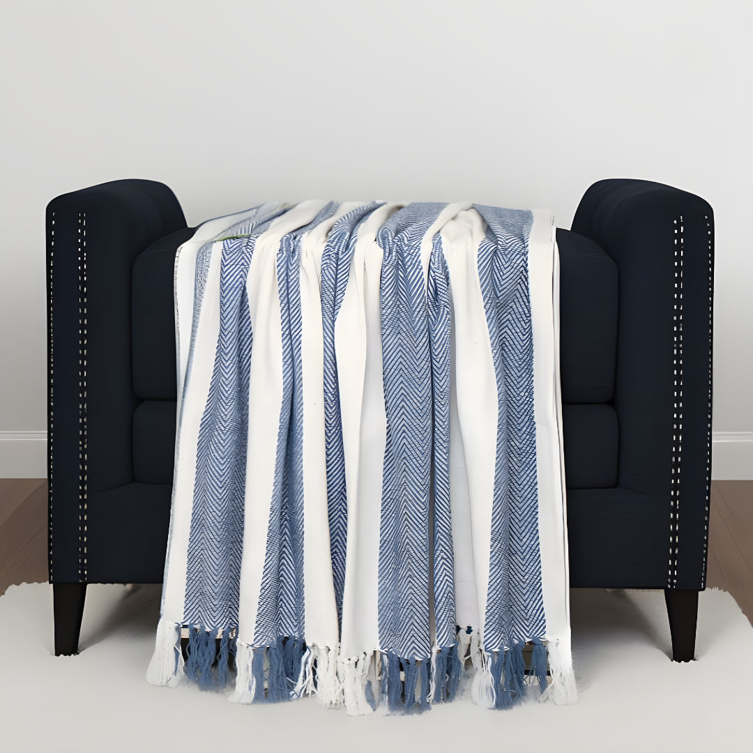 Blue Woven Cotton Striped Throw Blanket