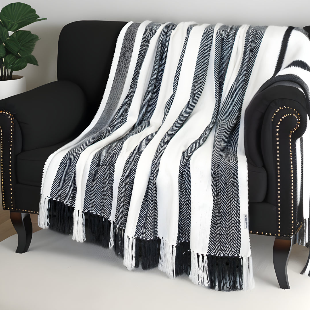 Black and White Woven Cotton Striped Throw Blanket