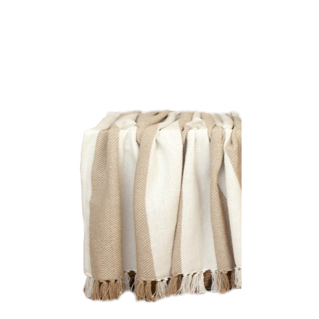 Beige Woven Cotton Striped Throw Blanket