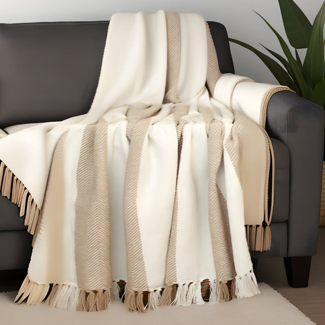 Beige Woven Cotton Striped Throw Blanket