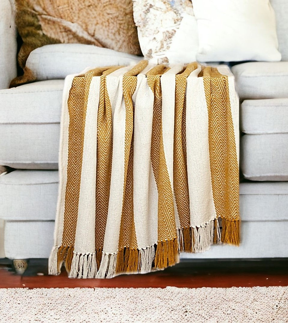 Mustard Woven Cotton Striped Throw Blanket