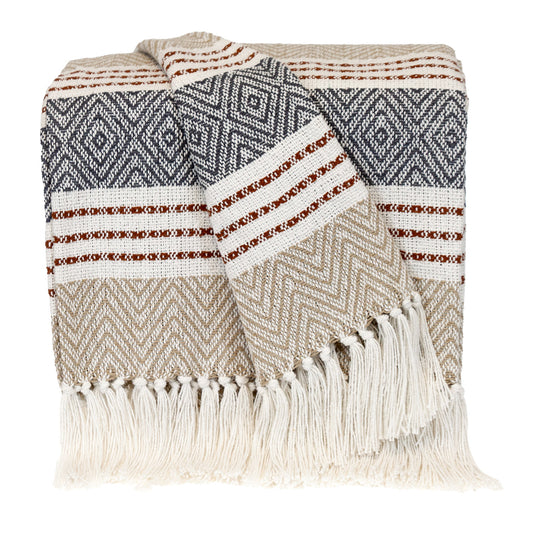 Beige Woven Cotton Striped Throw Blanket