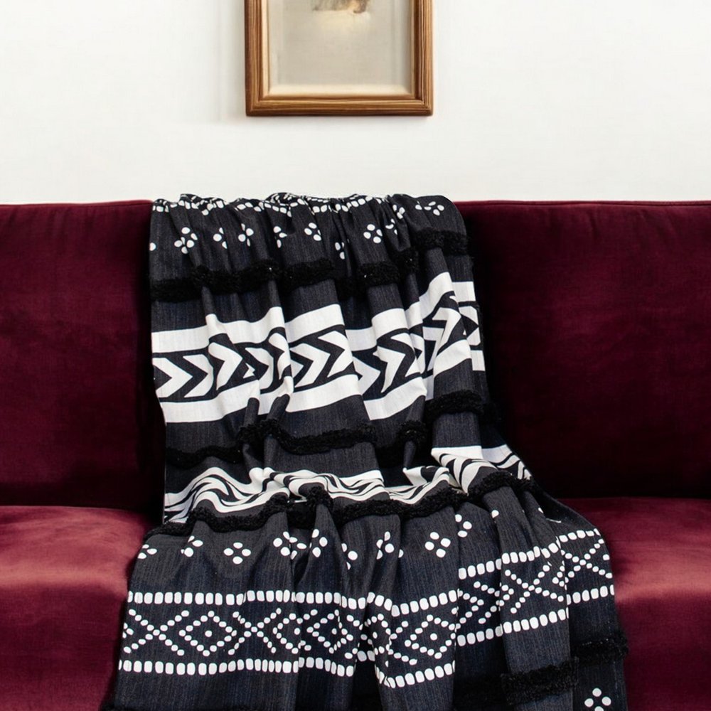 Blue and White Woven Cotton Striped Throw Blanket