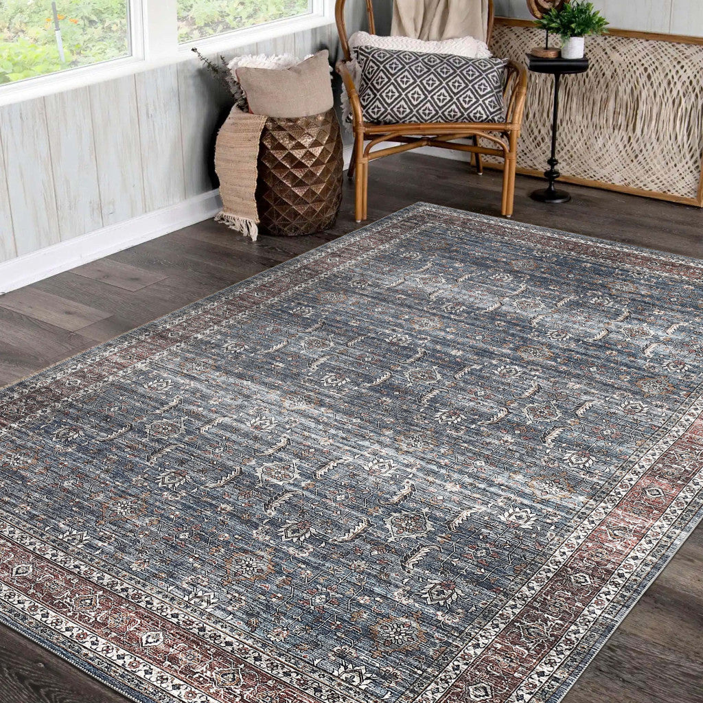 4' X 6' Blue Oriental Distressed Stain Resistant Area Rug