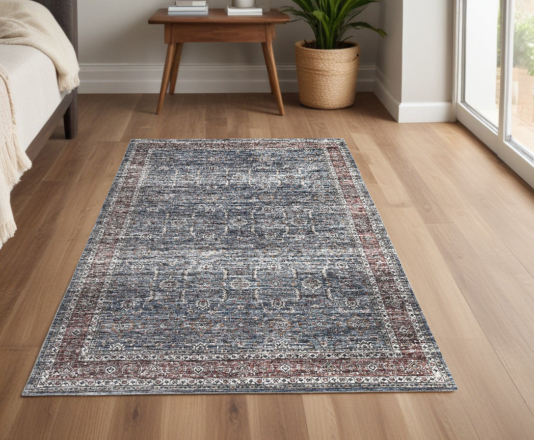 4' X 6' Blue Oriental Distressed Stain Resistant Area Rug