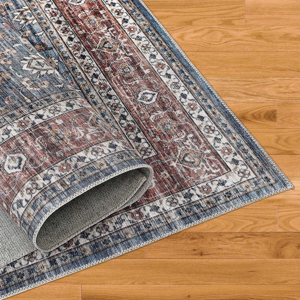 4' X 6' Blue Oriental Distressed Stain Resistant Area Rug