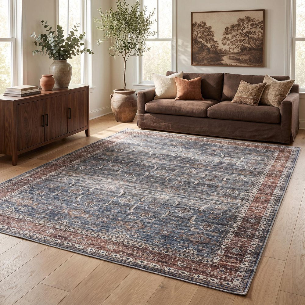 5' X 8' Blue Oriental Distressed Stain Resistant Area Rug