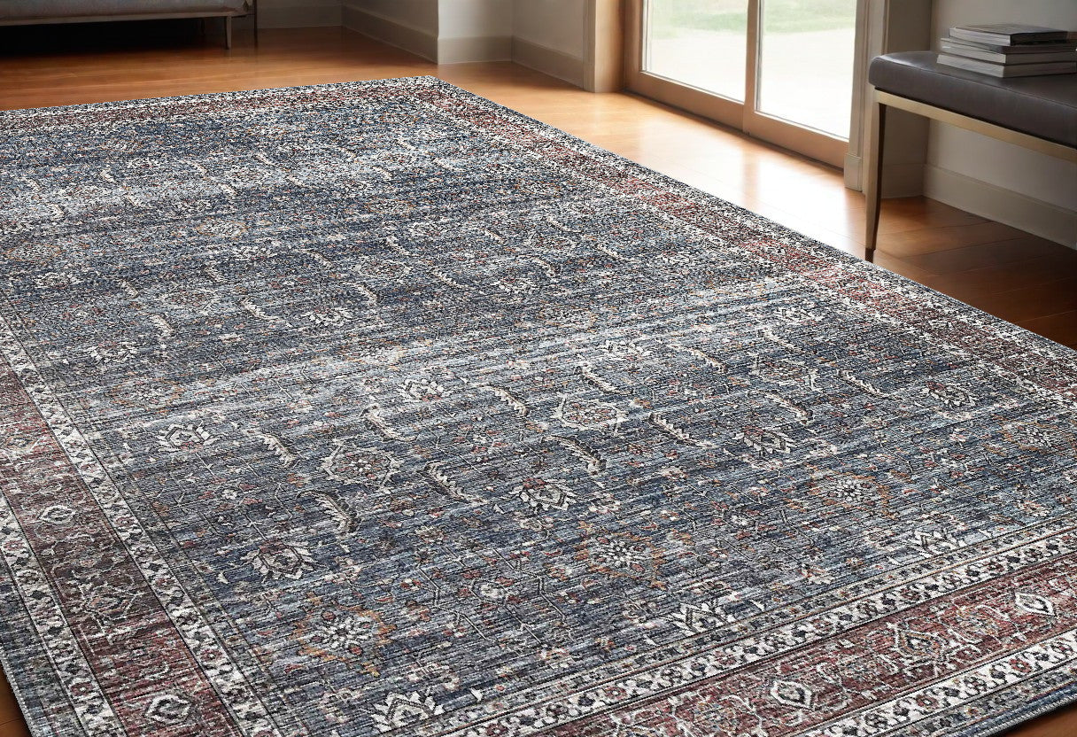 5' X 8' Blue Oriental Distressed Stain Resistant Area Rug