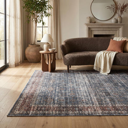 5' X 8' Blue Oriental Distressed Stain Resistant Area Rug