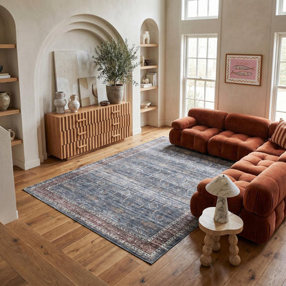 5' X 8' Blue Oriental Distressed Stain Resistant Area Rug