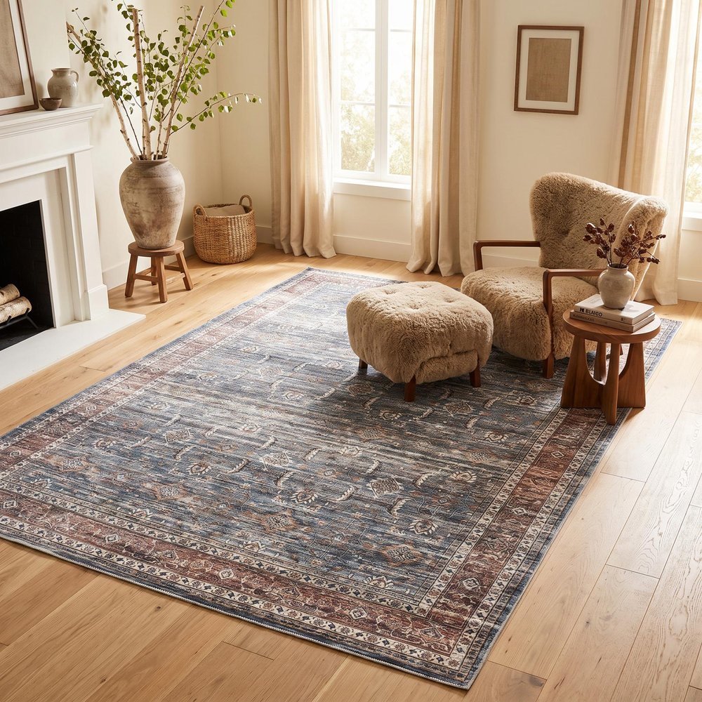 5' X 8' Blue Oriental Distressed Stain Resistant Area Rug