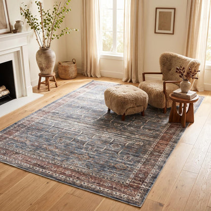 5' X 8' Blue Oriental Distressed Stain Resistant Area Rug