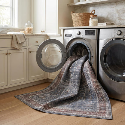 5' X 8' Blue Oriental Distressed Stain Resistant Area Rug