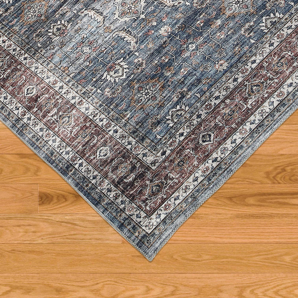 8' X 10' Blue Oriental Distressed Stain Resistant Area Rug