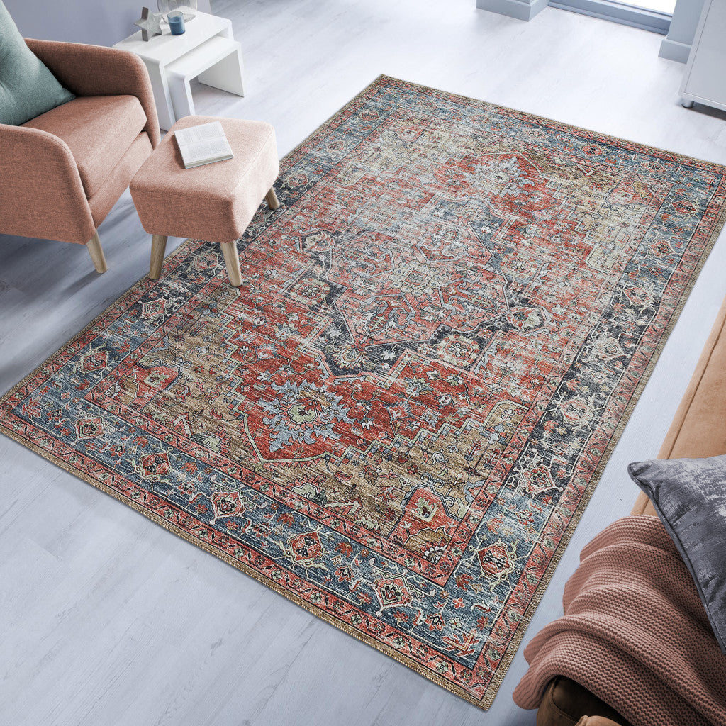 5' X 8' Rust Oriental Distressed Stain Resistant Area Rug