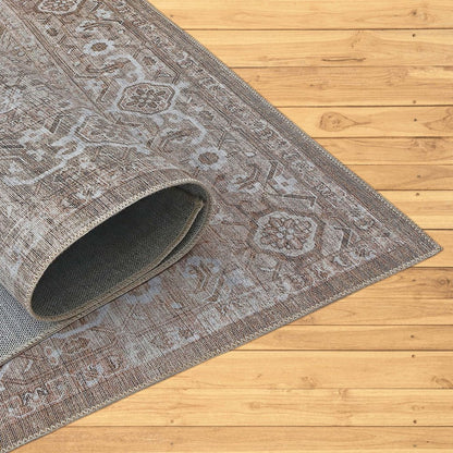 5' X 8' Beige Oriental Power Loom Distressed Stain Resistant Area Rug