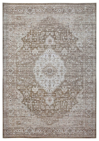 5' X 8' Beige Oriental Power Loom Distressed Stain Resistant Area Rug