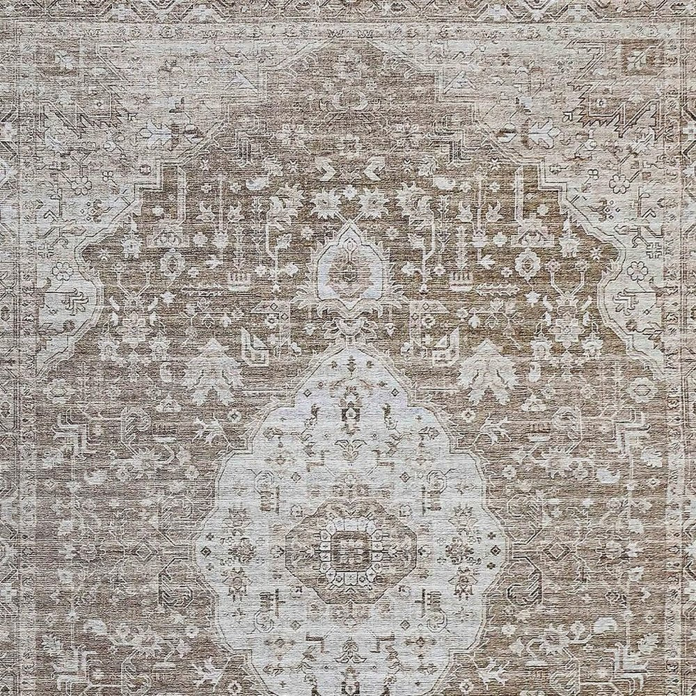 5' X 8' Beige Oriental Power Loom Distressed Stain Resistant Area Rug