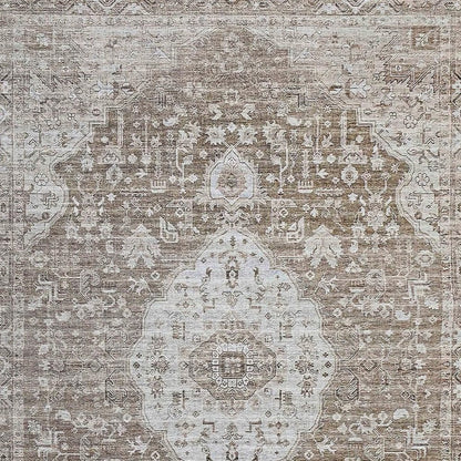 5' X 8' Beige Oriental Power Loom Distressed Stain Resistant Area Rug