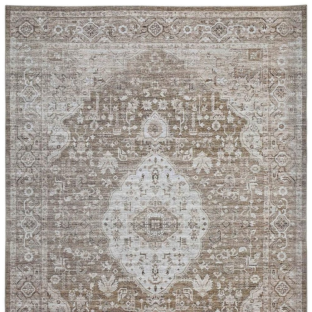 5' X 8' Beige Oriental Power Loom Distressed Stain Resistant Area Rug