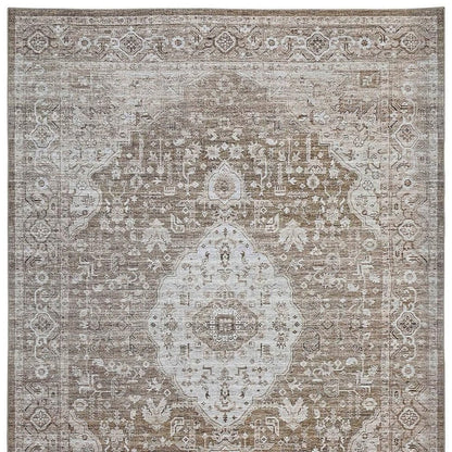 5' X 8' Beige Oriental Power Loom Distressed Stain Resistant Area Rug