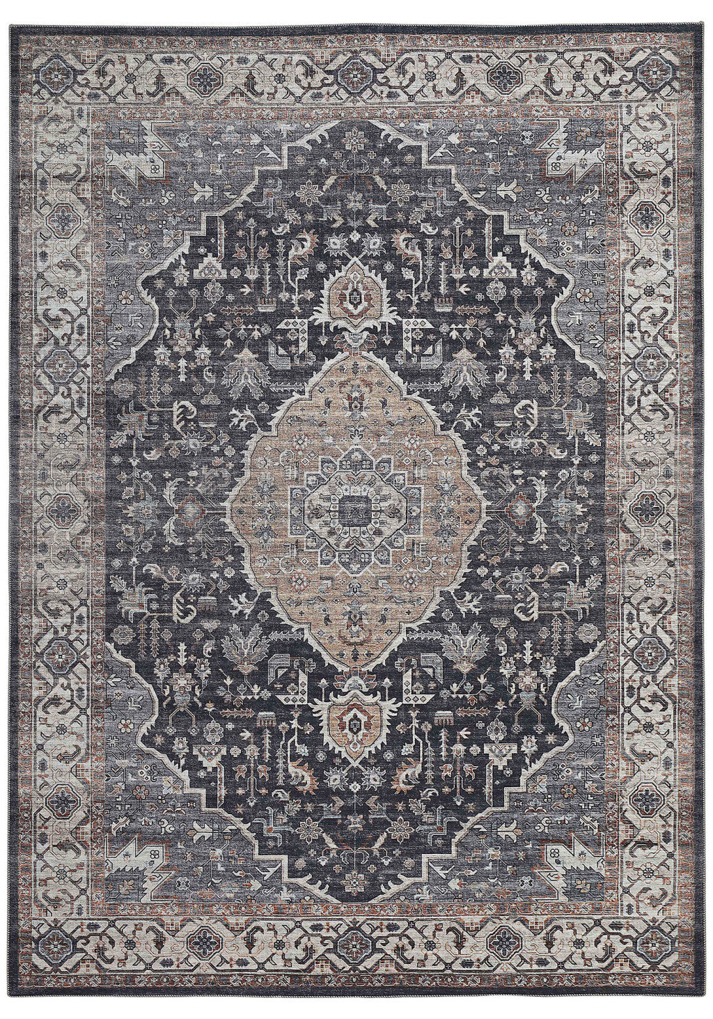 5' X 8' Black Oriental Stain Resistant Area Rug