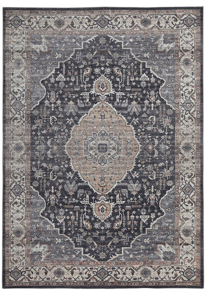 5' X 8' Black Oriental Stain Resistant Area Rug