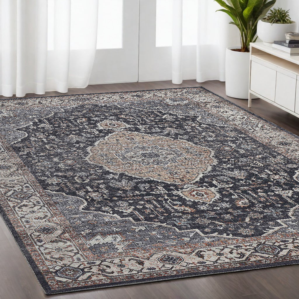 5' X 8' Black Oriental Stain Resistant Area Rug