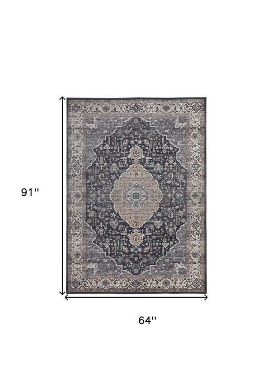 5' X 8' Black Oriental Stain Resistant Area Rug